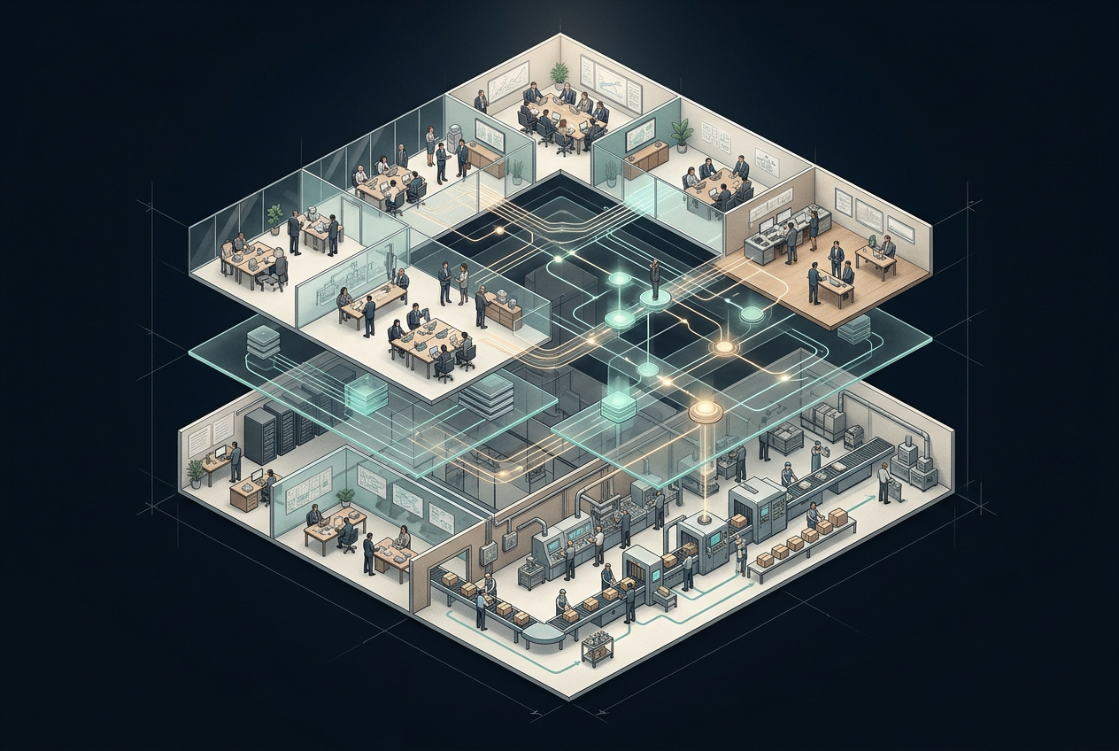 An isometric view of connected teams, workflows and operational systems, illustrating how to map an organisation before introducing AI